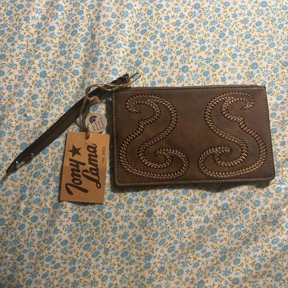 NWT TONY LAMA Leather Wristlet Slim Wallet Boot Stitch Brown